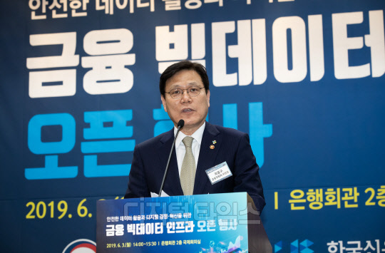 3일 최종구 금융위원장이 서울 중구 은행회관에서 열린 '금융 빅데이터 인프라 오픈행사'에서 축사를 하고 있다. 금융위원회 제공